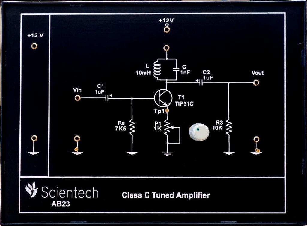 Experiment 1 Objective : To study the operation of Class C Tuned Amplifier Apparatus required: Analog board of AB23. Variable DC power supply +12V from external source or Scientech 2612 Analog Lab.