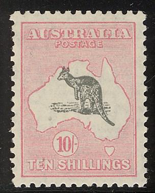 12. 10/- GREY AND PINK SG 112, Small Multiple watermark, mint lightly hinged and well centered, heavy inking on kangaroos back saddle image, a superb stamp as