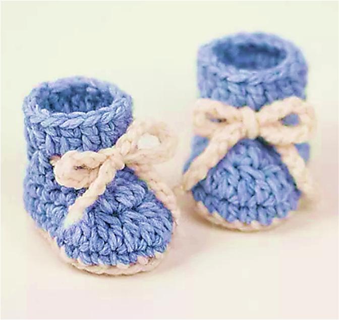 CROCHET BOOTIES Crochet booties are quick and easy to craft. Size - 0-3 months Supplies A small amount of beige and blue bulky weight yarn 6.