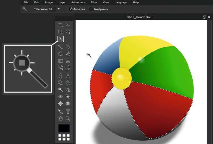 Wand Tool (W) The Wand tool is used for making selections based on color and tone. For example, the red areas of the beach ball are quickly selected by clicking them with the Wand tool (Figure 2-7).