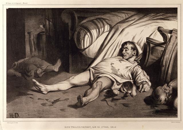Honoré Daumier, Rue Transnonain, April 15, 1834, lithograph, 11 ½ by 17 3/8 Daumier used lithography to depict current events.