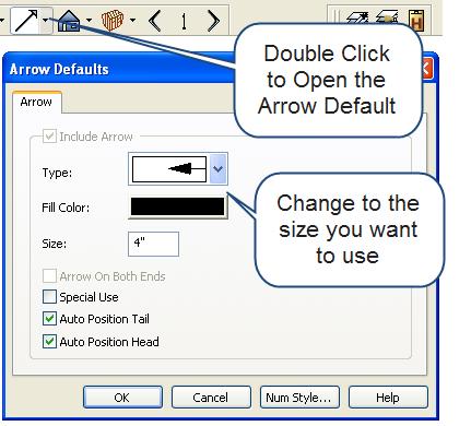 After you ve changed the Default Text size and layer you can double click on the Arrow icon to open the Arrow Defaults dialog and choose the arrow you want.