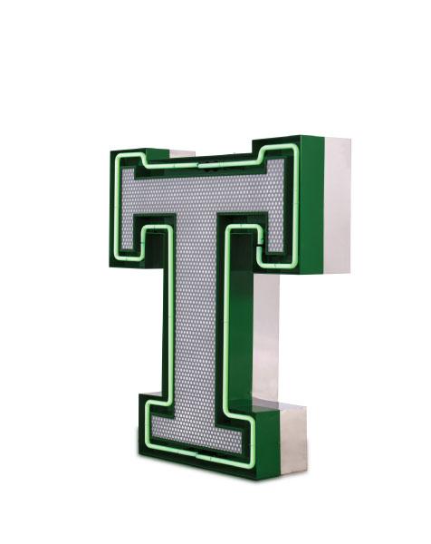 LETTER T - Graphic 100 x 89 x 20 cm 39.4 x 35 x 7.9 in (also available in a mini version) 15 kg Green Neon and White LED 75W 3.170 â 1 - LETTER T ALUM./POL. STAIN. STEEL/GOL.