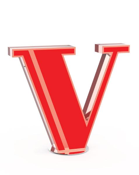 LETTER V - Graphic 100 x 115 x 20 cm 39.4 x 45.3 x 7.9 in (also available in a mini version) 15 kg Red LED 50W 3.170 â 2 - LETTER V ALUM./POL.COPPER/MAT.