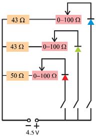 Electronic circuit of the diode light mixer; the suggested resistor values refer to the LEDs specified in the references.