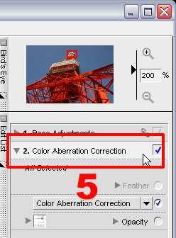 When RAW images are opened, the Auto Color Aberration item in the RAW Adjustments submenu of 1.