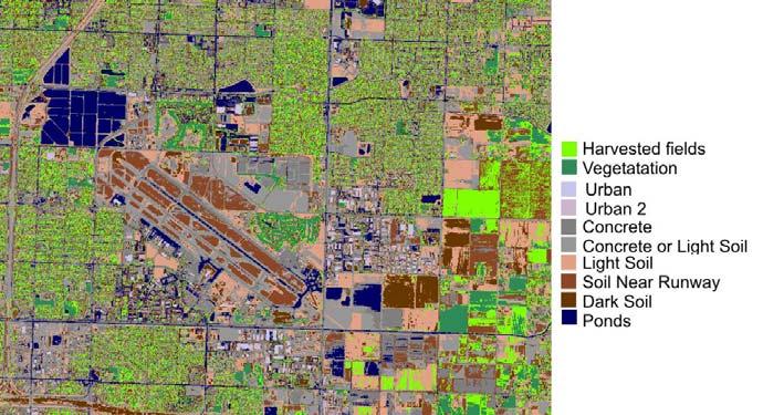 Note the bright red region in the lower right corner the one field still in production. Other darker red regions on the right side are fields that have been harvested, or orchards. Figure 7.