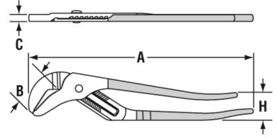 15 OIL FILTER / PVC PLIER A B C H JAW OVERALL JAW JOINT HANDLE NO. CAPACITY PART LENGTH LENGTH THICKNESS SPAN WEIGHT OF MIN. MAX. NO. IN. MM IN. MM IN. MM IN. MM POUNDS GRAMS ADJ.