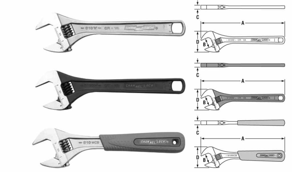 62 ADJUSTABLE WRENCHES WideAZZ A B C D OVERALL JAW JOINT JOINT PART LENGTH LENGTH THICKNESS WIDTH WEIGHT NO. IN. MM IN. MM IN. MM IN. MM POUNDS/GRAMS CH 804G 4.50 114.30 0.51 12.95 0.33 8.38 1.
