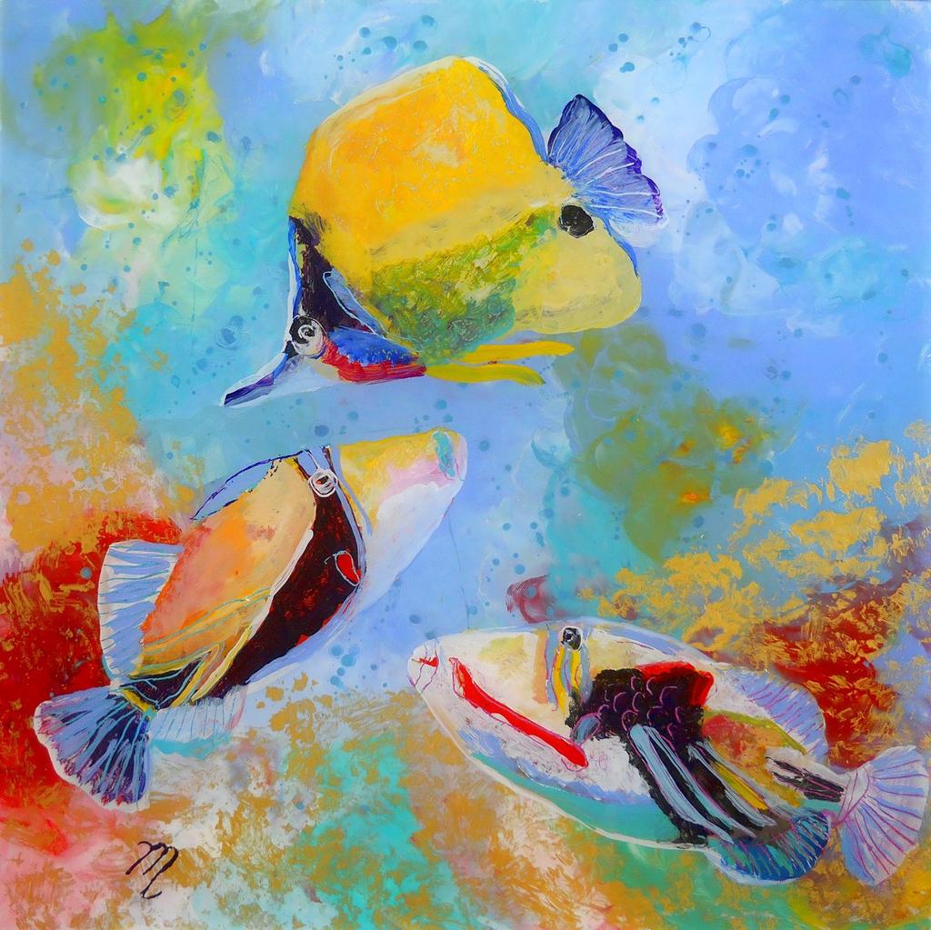 Painting on plexiglass, the self-taught American artist Marionette creates liquid worlds of tropical fish life and colorful reef scenes.