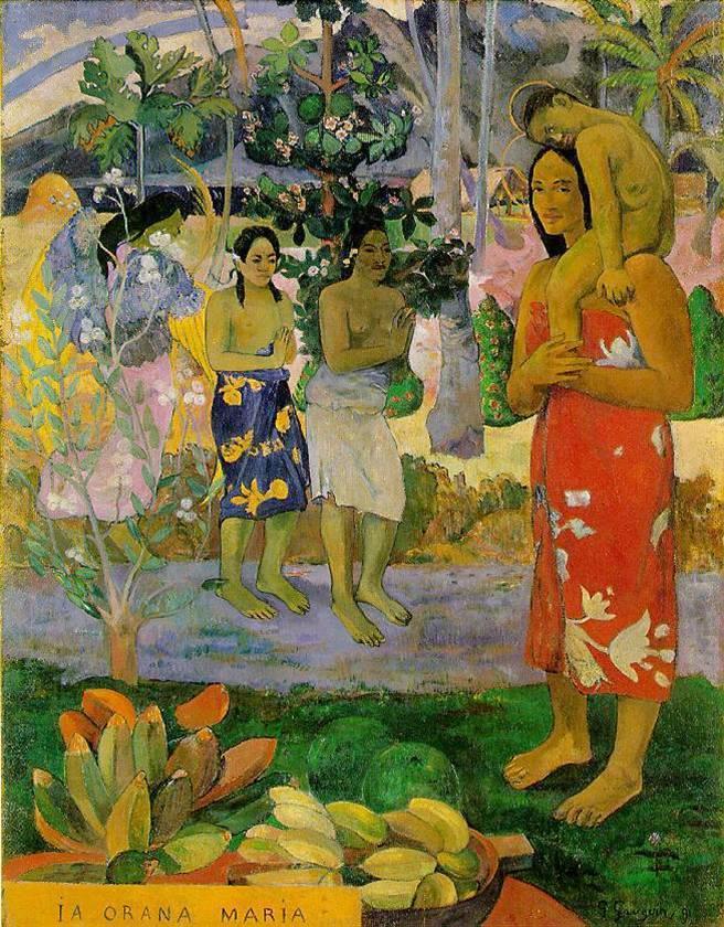 Gauguin flattens his picture plane. This was painted while he was in Tahiti. While in the foreign land, he used exotic people to represent biblical characters.