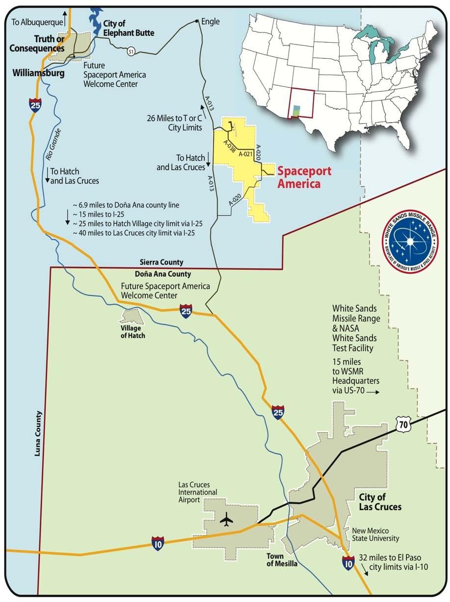 SPACEPORT AMERICA: ATTRIBUTES CLOSE PROXIMITY TO WHITE SANDS MISSILE RANGE Use of restricted airspace EASY ACCESS FROM I-25 Truth or Consequences ~30 Miles APPROX 18,000 ACRES SPARSE POPULATION 4600