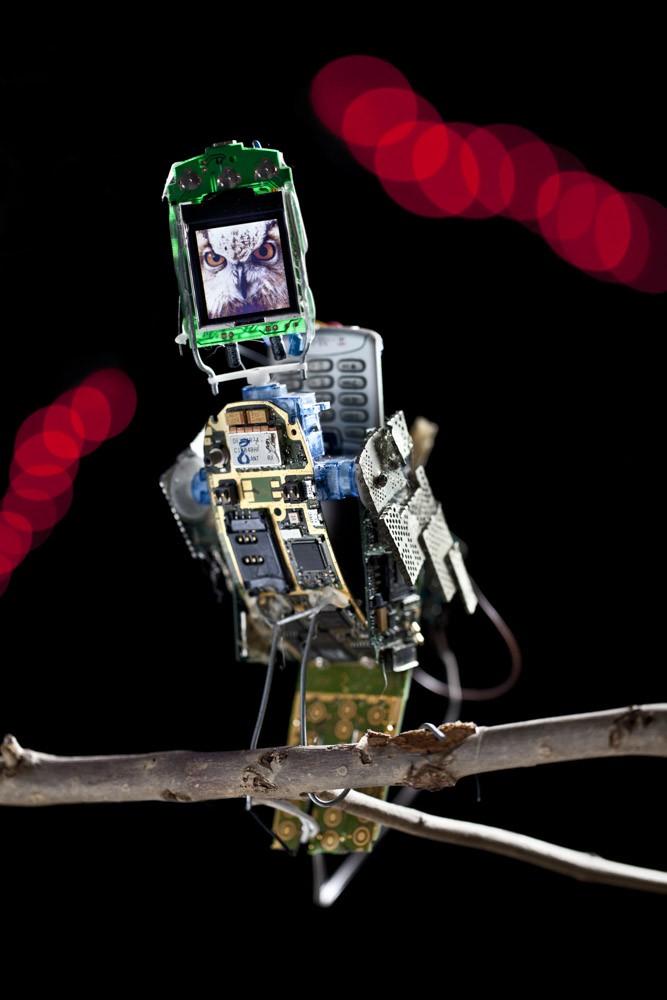 Art & Technology Robotic Bird Sculpture created by artists Neil Mendoza and Anthony displayed in London Uses Arduino and