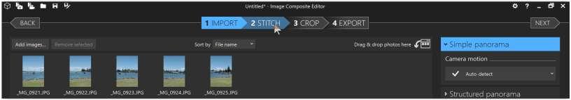 Stitching your images. With Simple panorama selected on the right hand side, click 2 STITCH. The program will now stitch the images.