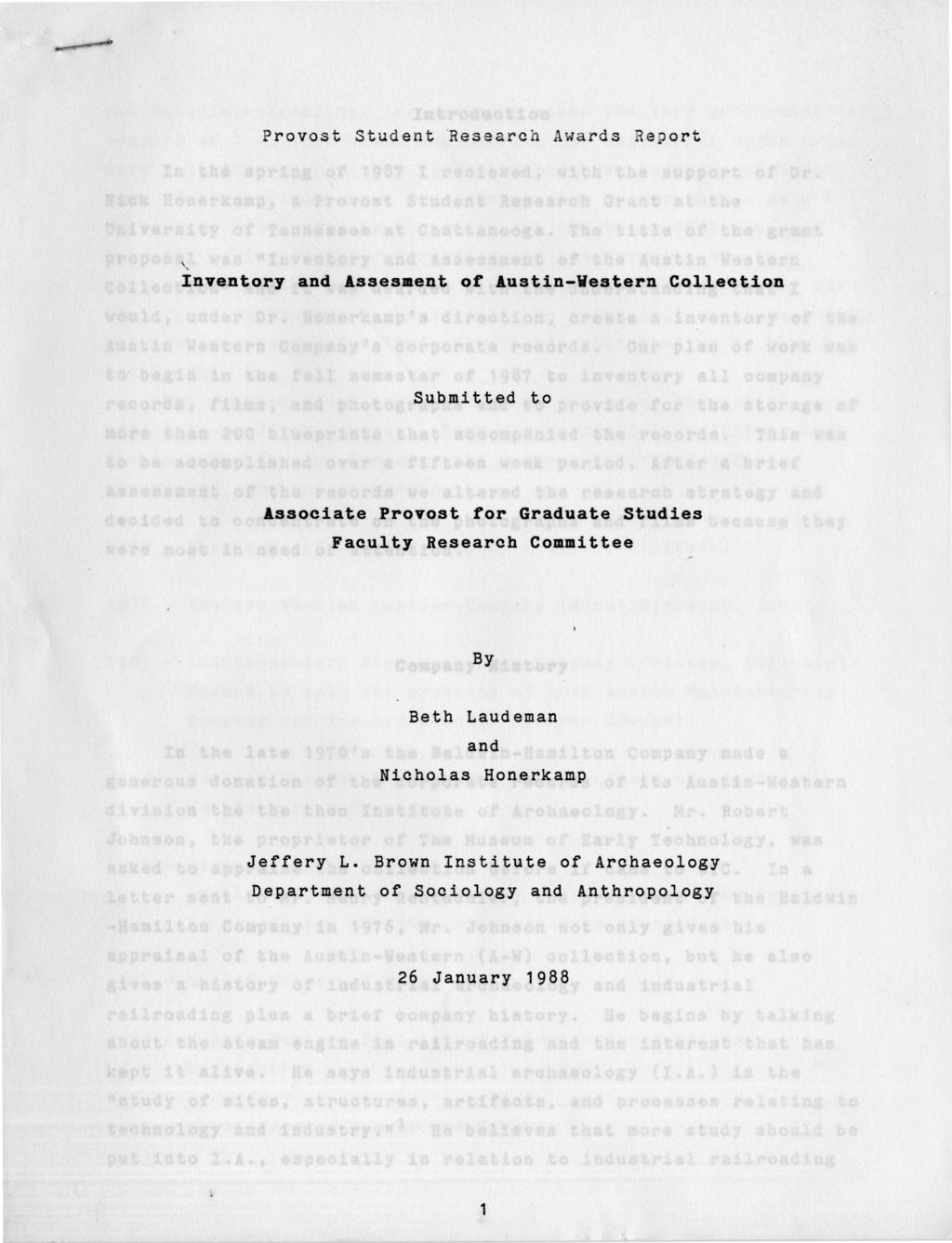 Provost Student Research Awards Report Inventory and Assesment of Austin-Western Collection Submitted to Associate Provost for Graduate Studies Faculty