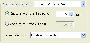 8. In the Acquisition Setup dialog, select UltraVIEW Focus Drive from the Change focus using drop-down list. 9.