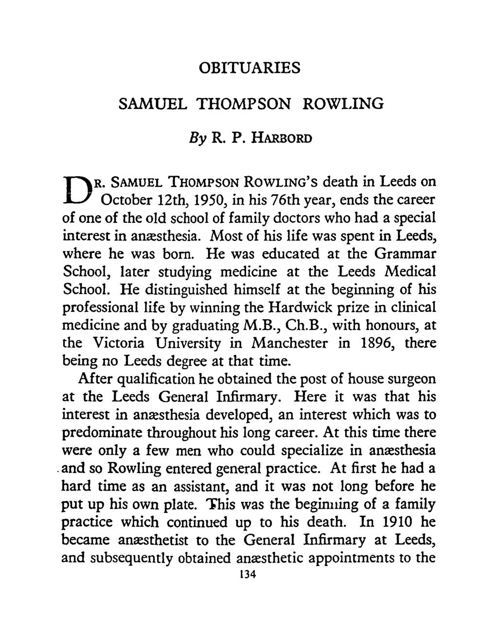 OBITUARIES SAMUEL THOMPSON ROWLING By R. P. HARBORD D R.