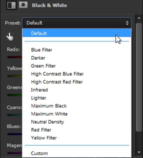 2. In the Properties panel, manually adjust the conversion using the color sliders, apply an Auto conversion, or select a Preset grayscale mix (Figure 9).