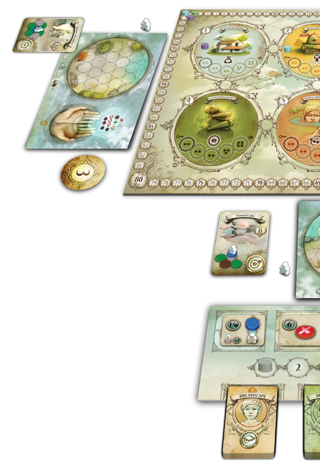 SETTING UP THE GAME In order to set up the game, follow the listed steps in order, going from 1 to 9 around the central setup illustration: 1/ Dreamworld board Place it in the center of your playing