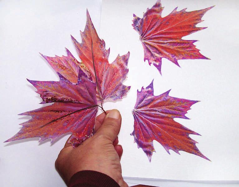 I did these maple shaped leaves in much the same way, but added the purple coloring and