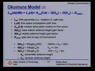 (Refer Slide Time: 00:16:39 min) Mathematically, the Okumura model can be presented as follows. On the left hand side you see L 50 (d). This is the 50th percentile. That is median of the path loss.