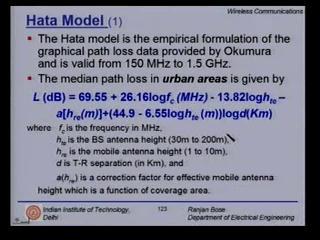 (Refer Slide Time: 00:27:54 min) Now Hata proposed an empirical formulation of the measured data presented by Okumura.