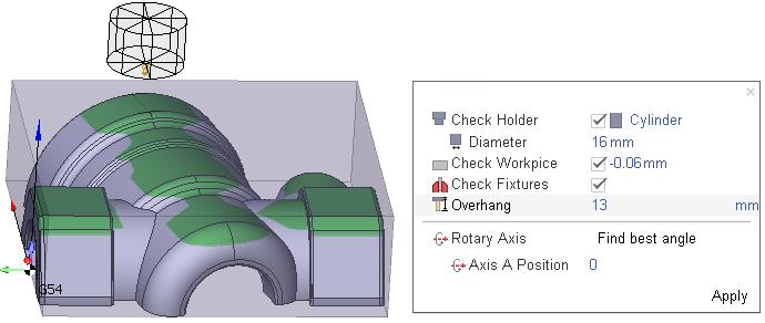 The Tool reach inspector panel allows to visualize reach zones of the part for the given tool-holder and tool axis orientation.