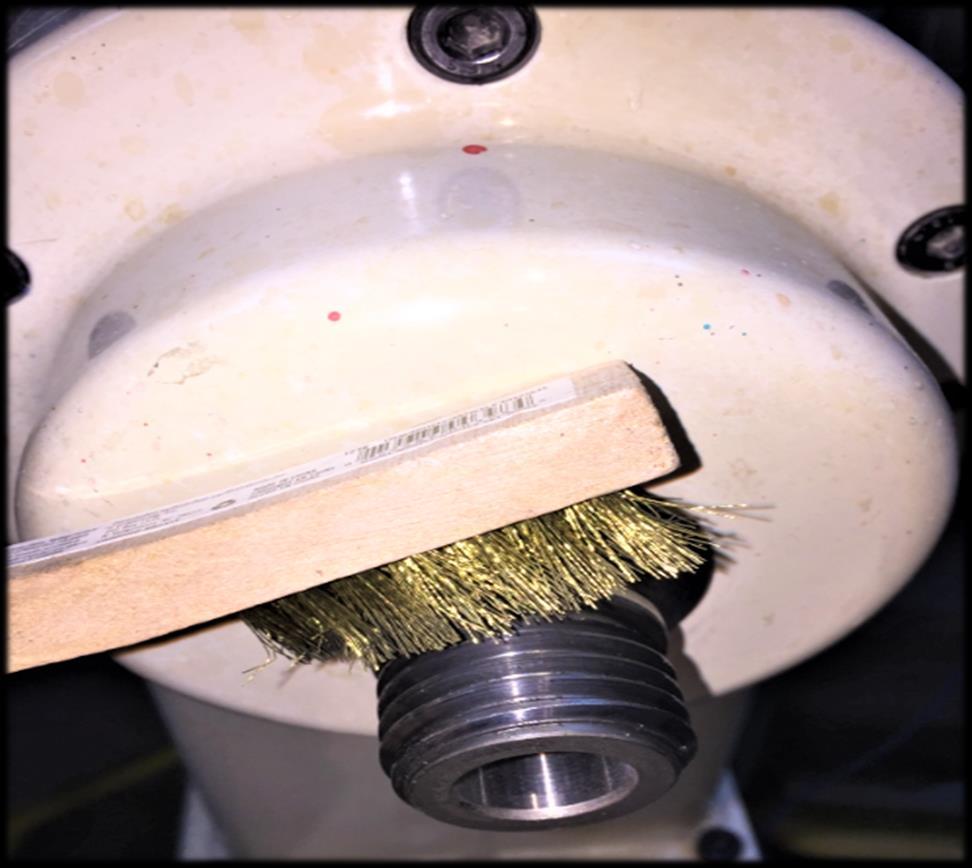 Purchase and use a brass brush (inexpensive and will not damage your threads). After brushing, use a cloth or paper towel to do the final cleaning. 18.