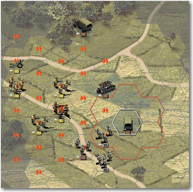 Then we move the artillery from 16, 12 to 16, 10; it won t provide support fire this turn as it is embarked, but next turn it will have more enemy units in range.