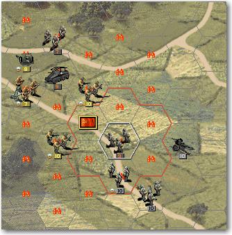 Now we move our infantry in 15, 10 to 14, 10 and attack the enemy infantry in 13, 9;