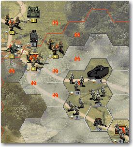 First I fired the mortar and the gun at the enemy infantry with 8 strenght doing some damage.