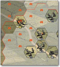 The red binoculars show the hexes spotted by enemy hexes and detected enemy units.