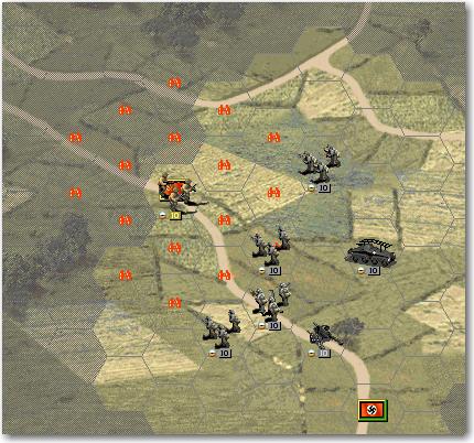 Turn 1 We can only see one enemy infantry in the VH; we need to know if there are more enemy units that can support it. The most useful unit to do this is a recon unit.