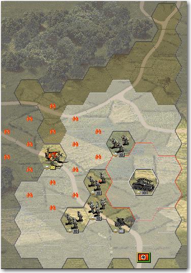 Select the recon unit in 17, 10 by clicking on it; the hexes where it could move are highlighted.