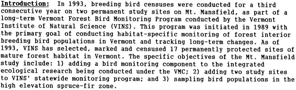 ~ BIRD SURVEY'S ON Mr. MANs~.-LELD Introduction: In 993, breeding bird censuses were conducted for a third consecutive year on two permanent study sites on Mt.