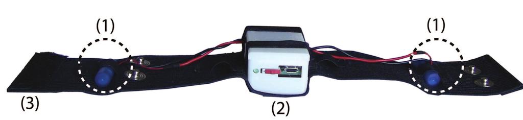 The haptic bands (b) are composed of two vibrating motors (1) attached to an elastic wristband (3). A Li-Ion battery is in charge of power and an Arduino board controls the interface (2).