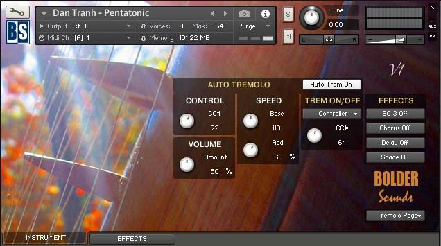 The Tremolo Page: On the Tremolo Page you select and adjust the various Tremolo settings. The Tremolo has two Modes - Manual or Auto Tremolo. When Auto Tremolo is selected, you can set the Speed Base.
