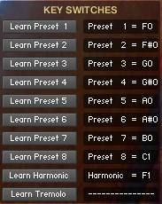 The Settings Page On the Settings Page you can select the keys that will act as key-switches for the Articulation Presets, Harmonic and Tremolo.
