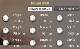 The EQ Page: The EQ can either be a simple Bass/Middle/Treble Or an Advanced 3-Band The Freq. knob chooses the frequency at which boosting or cutting will appear. The Bandw.