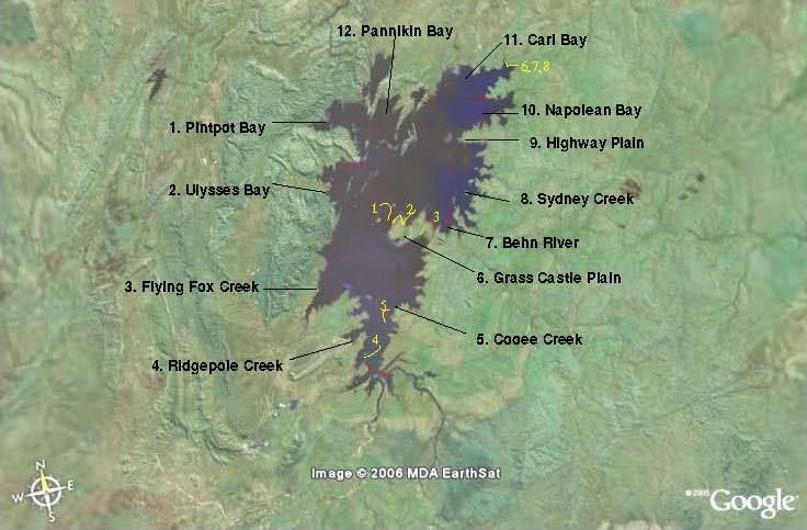 Fig. 2.1. Sites surveyed from boat and shore on Lake Argyle. Sites 4 and 5 (shown in yellow) were surveyed on 10 November, sites 3 and half of 1 surveyed on 11 November (see Table 2.