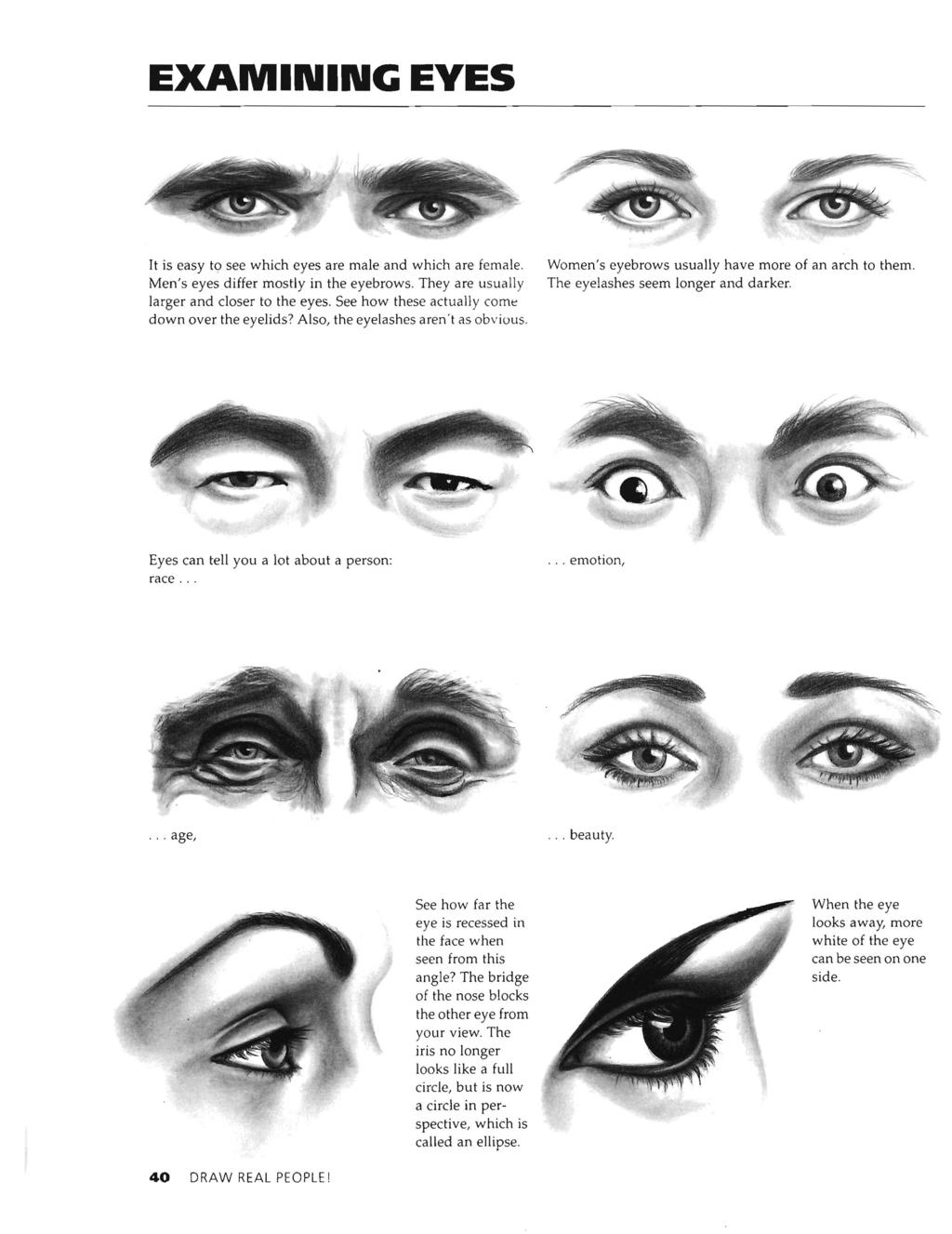 EXAMINING EYES It is easy to see which eyes are male and which are female. Men's eyes differ mostly in the eyebrows. They are usually la rger and closer to the eyes.