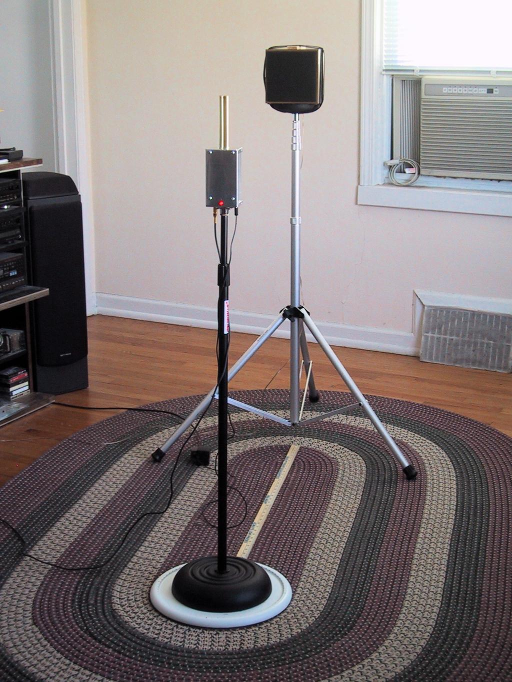 Photo 1. Auratone 5C Super Sound Cube loudspeaker mounted on top of a tripod-style mic stand.