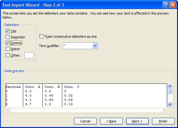 Figure 4.2: Import Wizard, Step 2 of 3. (d) In Step 2 of the WIZARD (Figure 4.2), the delimiter is the symbol that separates data here it is the comma.