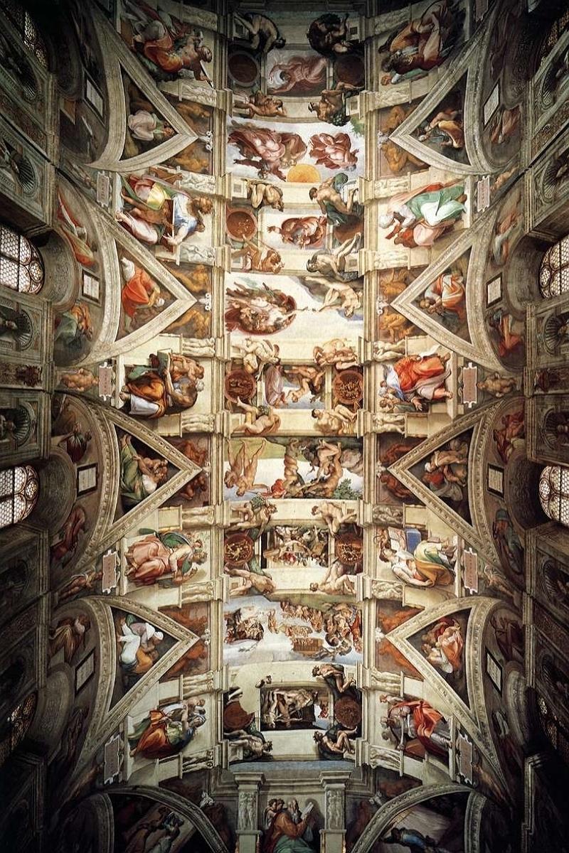 Sistine Chapel Ceiling (1508-12) Fresco, Sistine Chapel, Vatican City 40 ft wide, 133 ft long and rounded, 68 ft high Michelangelo saw himself as a sculptor not a painter Raphael s suggestion