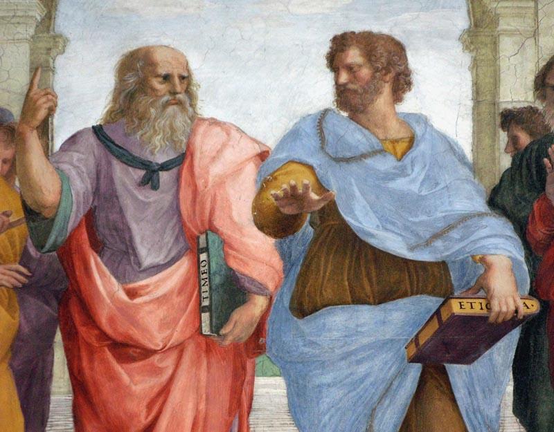 upward, interested in the spiritual, non-tangible elements, looking for something greater Aristotle (blue):