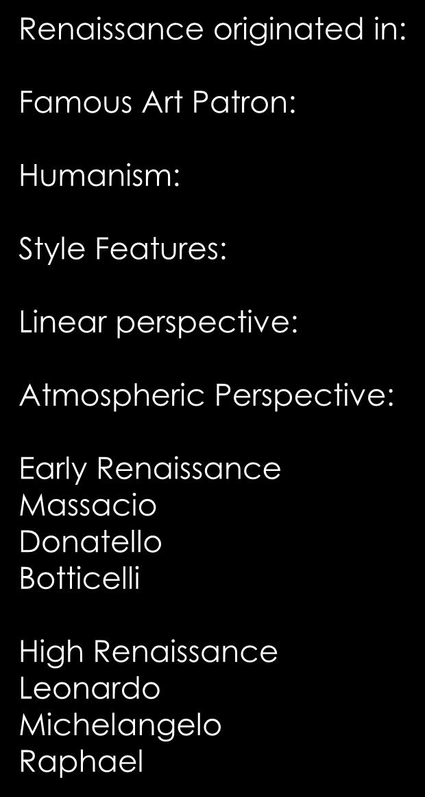 Review Renaissance originated in: Famous Art Patron: Humanism: Style Features: Linear perspective: