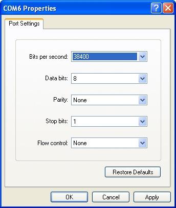 Set the Port Settings to the following. Bits per second to 38400. Data bits to 8. Parity to None. Stop bits to 1. Flow control to None.