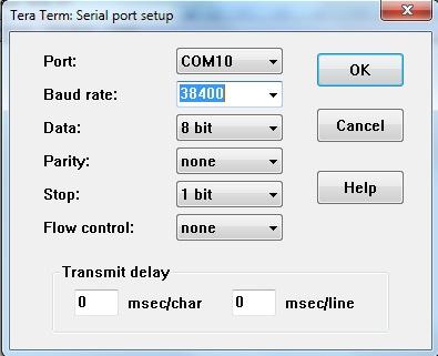 16 - Tera Terminal Serial Port Setup Screen Set the port: to the port number used in the first Figure (Com10 in this example).