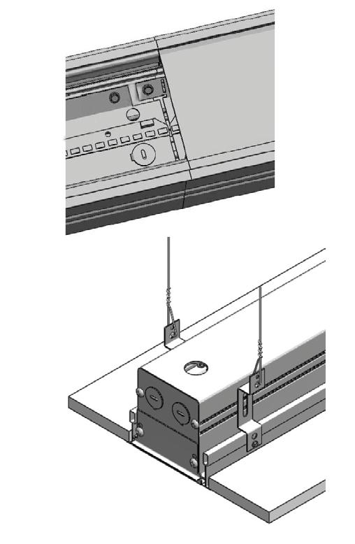 For row mounting fixtures, attach male end of harness to female end of harness. Small lens sections are centered between fixtures to avoid light leak at lens ends. 6.