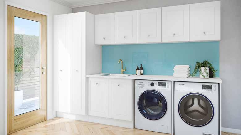 A splash of colour is a great way to bring joy and happiness to your laundry. The routed panel doors, which we call Classic Shaker, add a further touch of class.